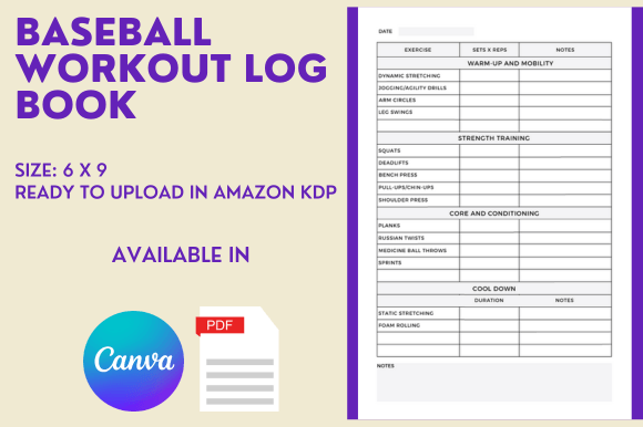 Download Baseball Workout Log Book - KDP Interior - Log book Collection